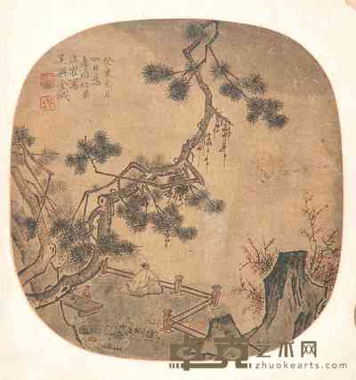 金城 山水人物圆光 镜心 23×23cm